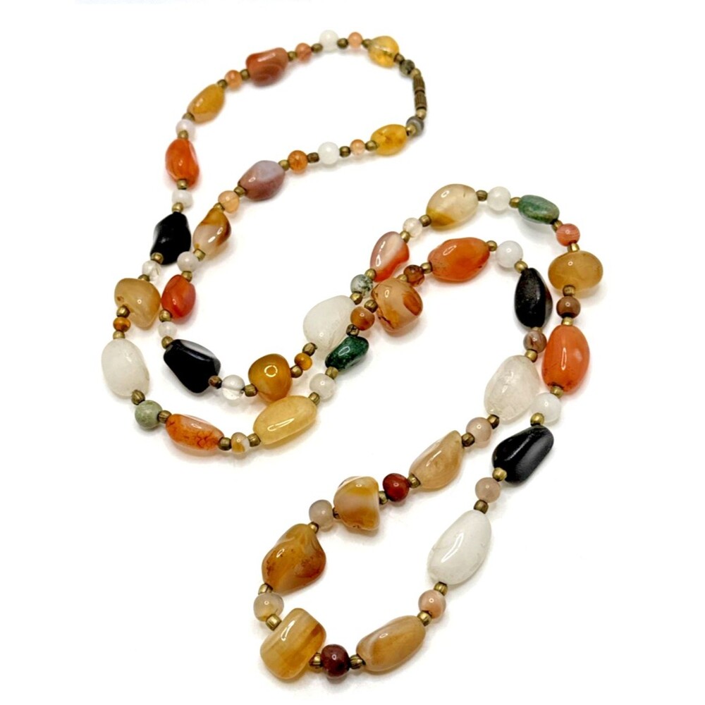 Vintage Semi Precious Stone Bead Necklace Quartz Agates Multicolor 36" Boho - Picture 3 of 9